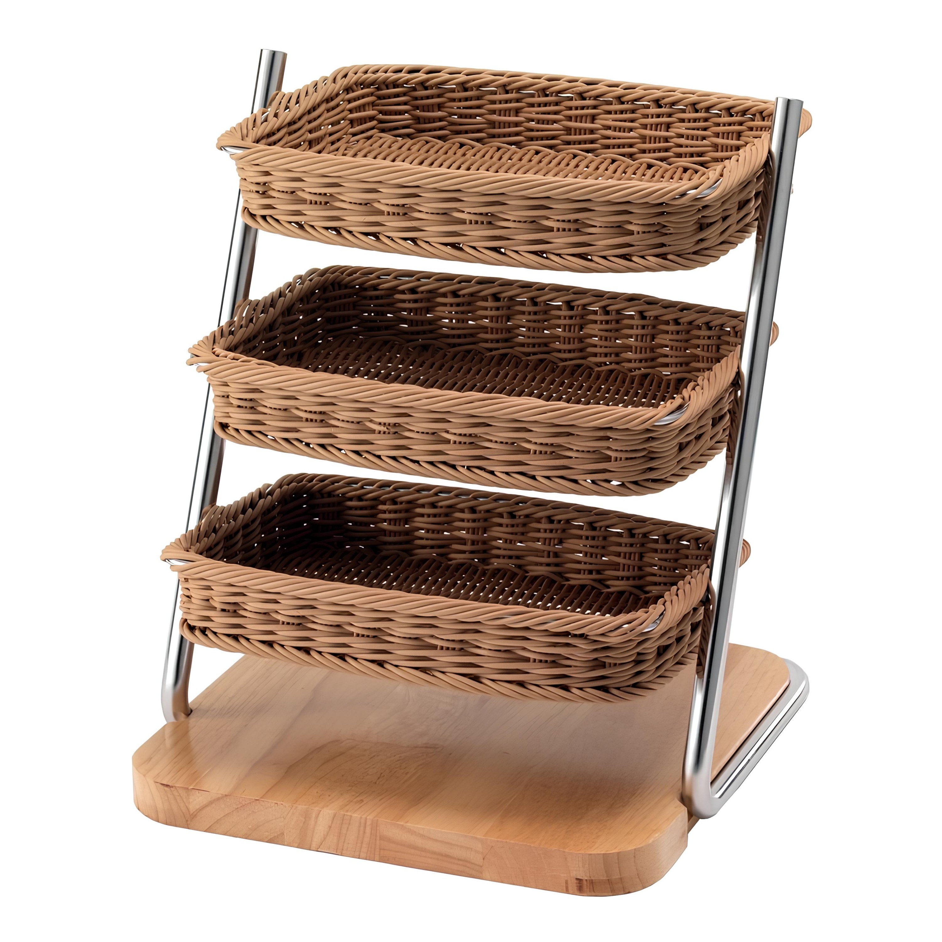 EXPOSITOR BUFFET 3 NÍVEIS INOX/MADEIRA/POLY-RATTAN 33,5X31CM BEGE VARIO   