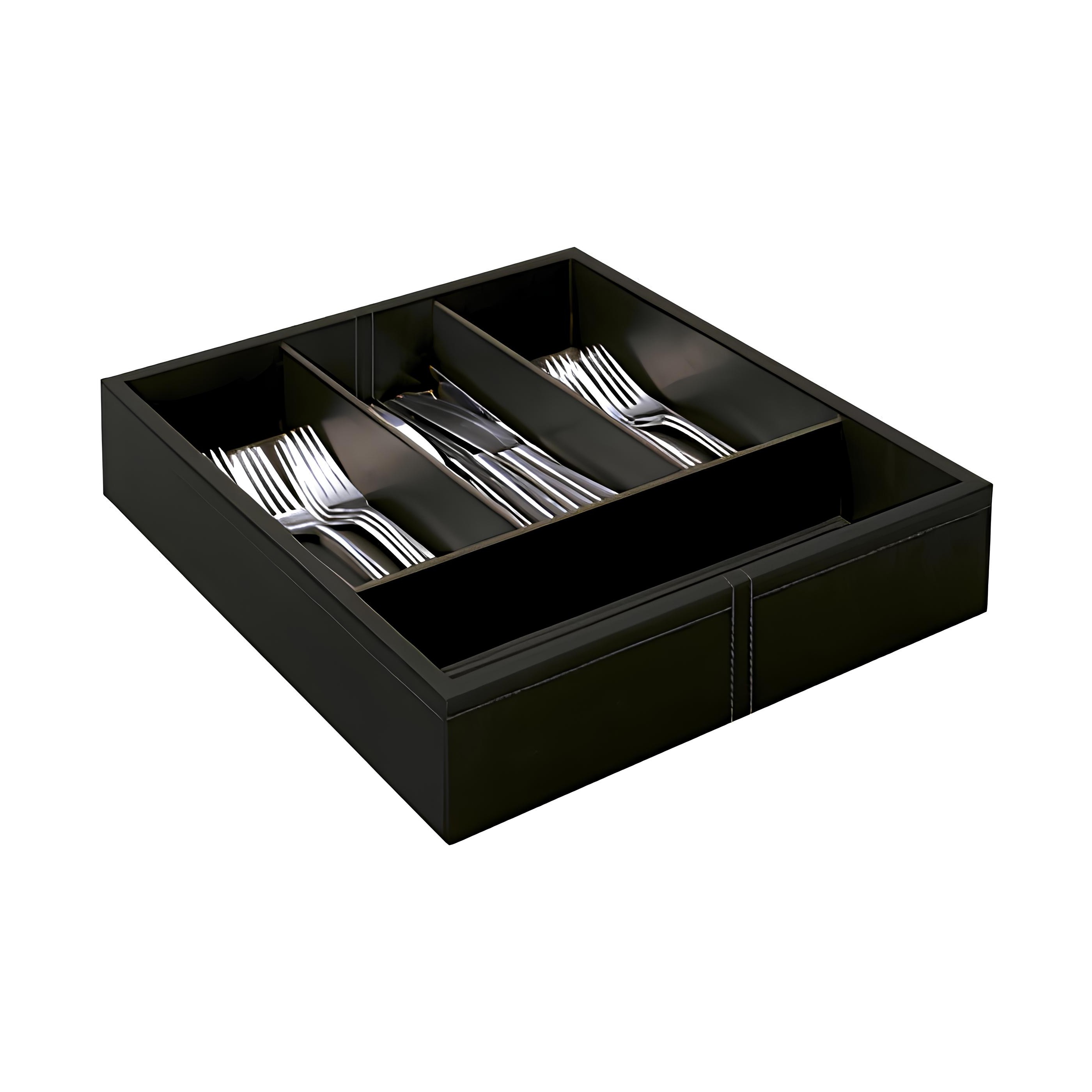 CAIXA TALHERES MDF/COURO SINTÉTICO 37X33CM PRETA     