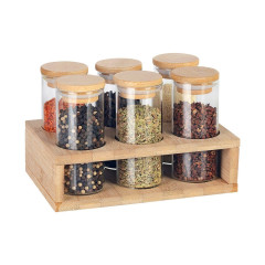 KIT 6 POTES MANTIMENTOS 160ML + SUPORTE BAMBU 20X14CM  