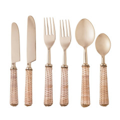 KIT 6 TALHERES INOX CABO RATTAN DOURADO    