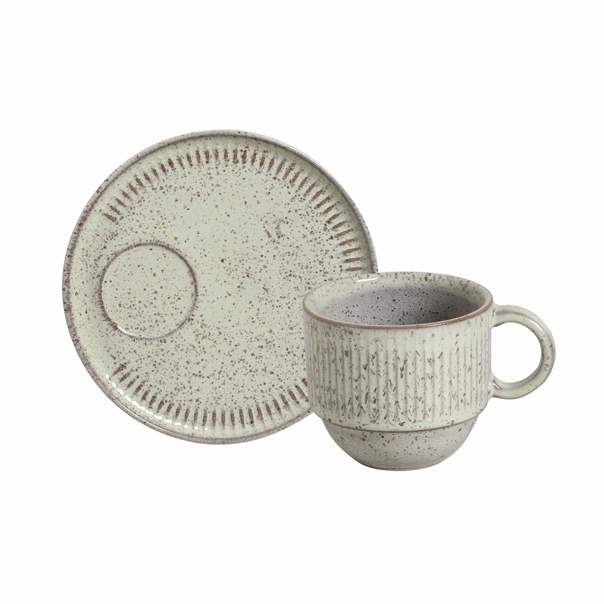 XÍCARA CHÁ + PIRES STONEWARE EMPILHÁVEL 230ML 8CM PISTACHE LINHAS