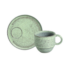 XÍCARA CHÁ + PIRES STONEWARE EMPILHÁVEL 230ML 8CM PISTACHE LINHAS