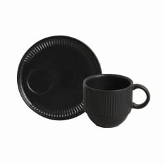 XÍCARA CHÁ + PIRES STONEWARE EMPILHÁVEL 230ML 8CM PRETO MATTE LINHAS