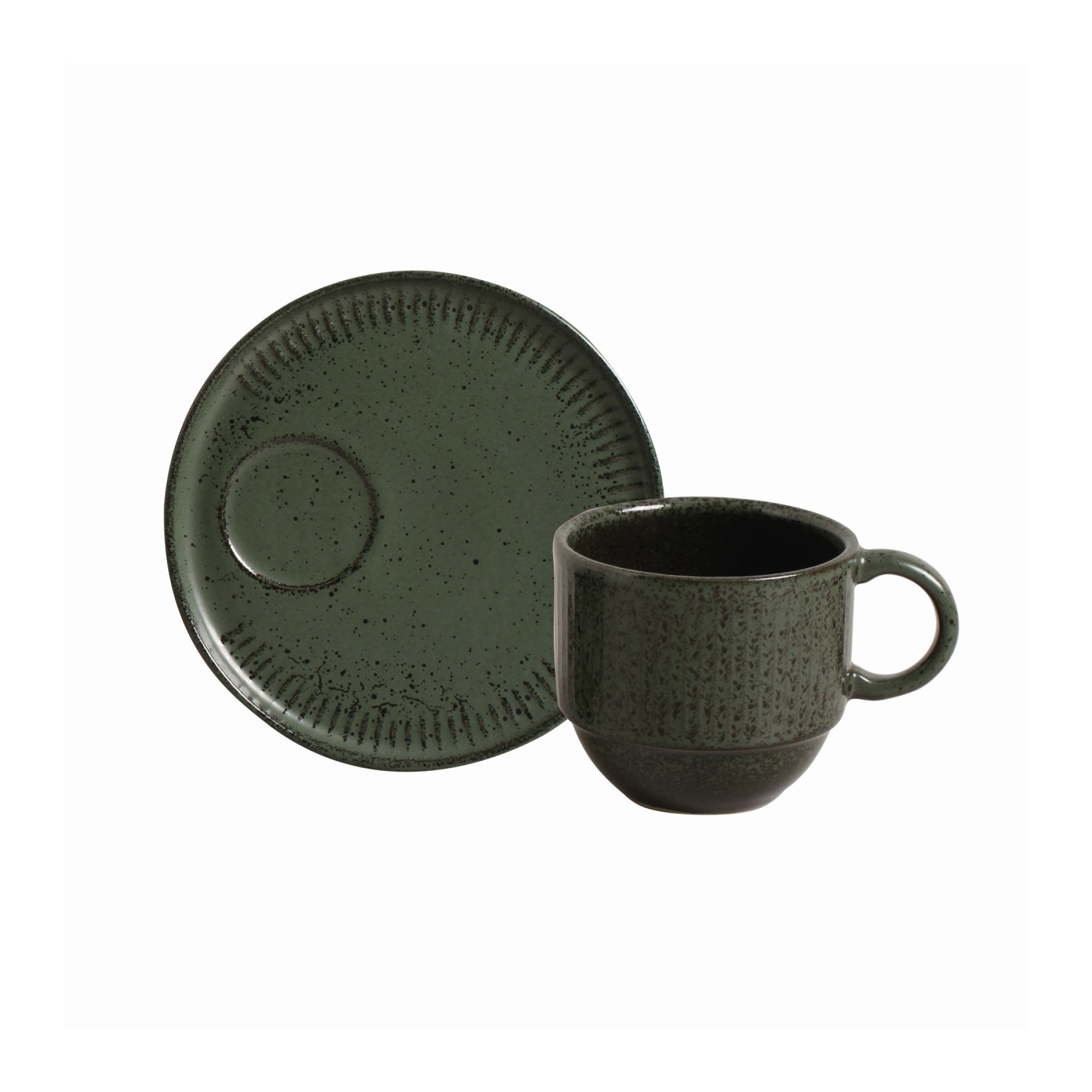 XÍCARA CHÁ + PIRES STONEWARE EMPILHÁVEL 230ML 8CM GREENERY LINHAS