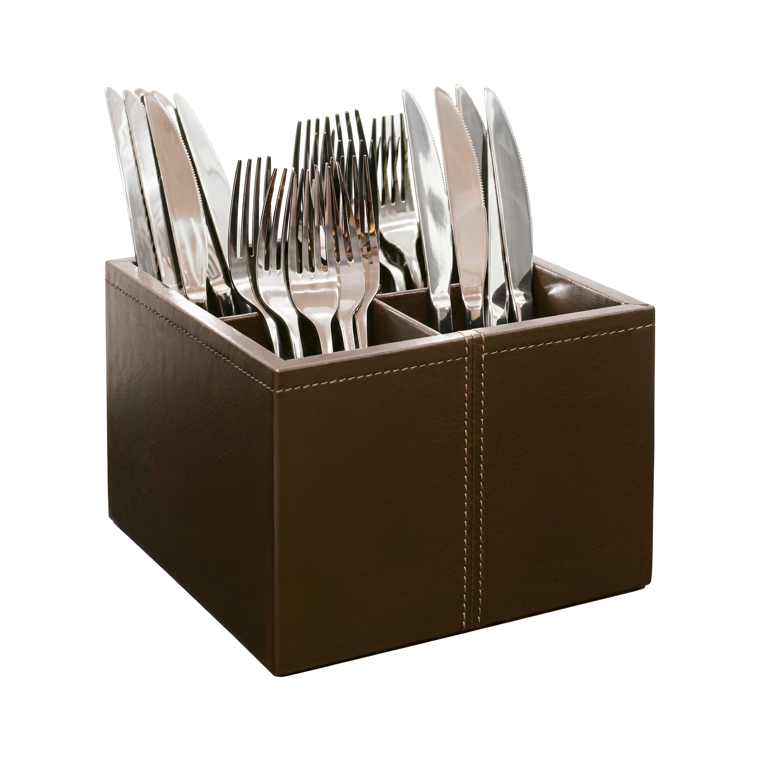 CAIXA TALHERES MDF/COURO SINTÉTICO 20X20CM MARROM     