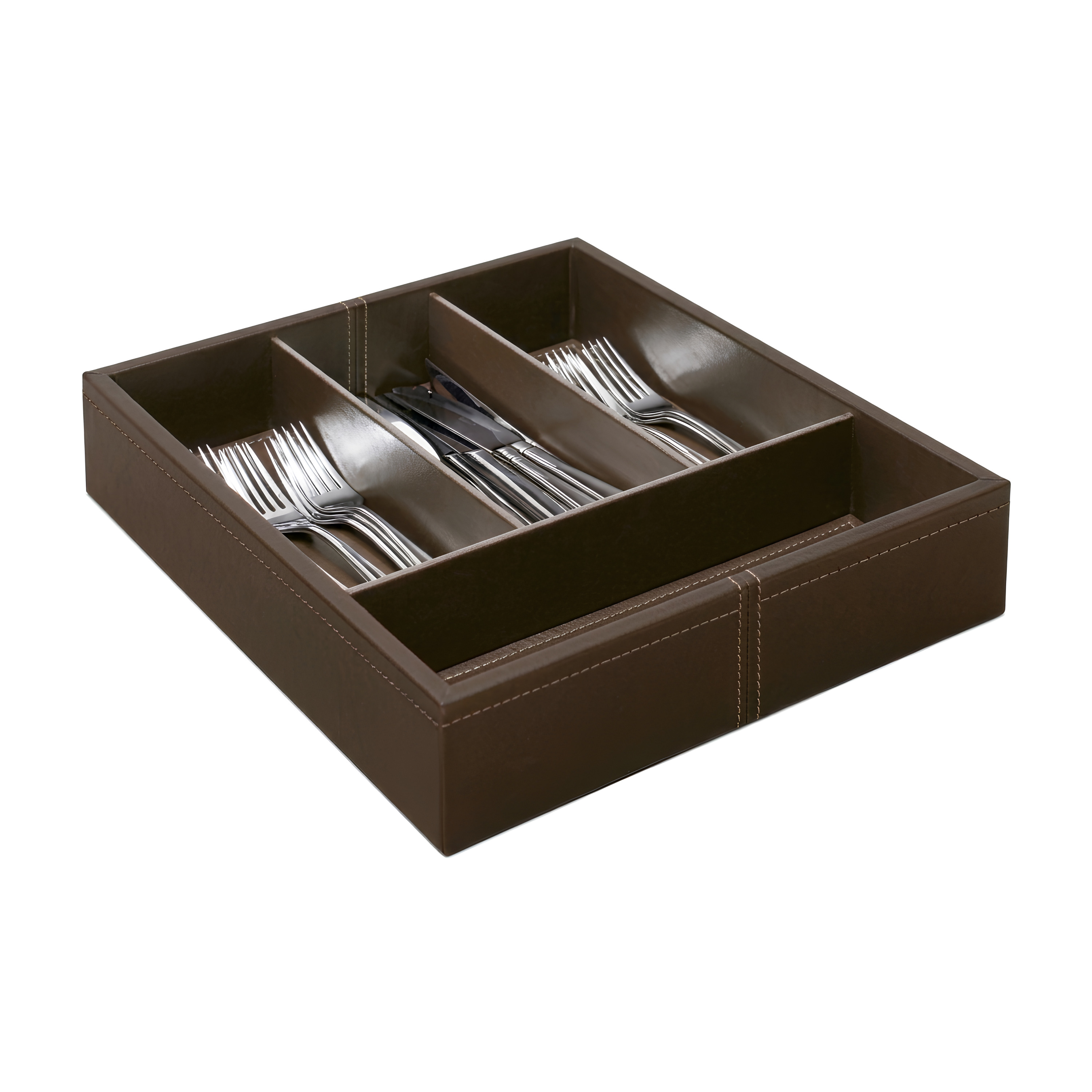 CAIXA TALHERES MDF/COURO SINTÉTICO 37X33CM MARROM     