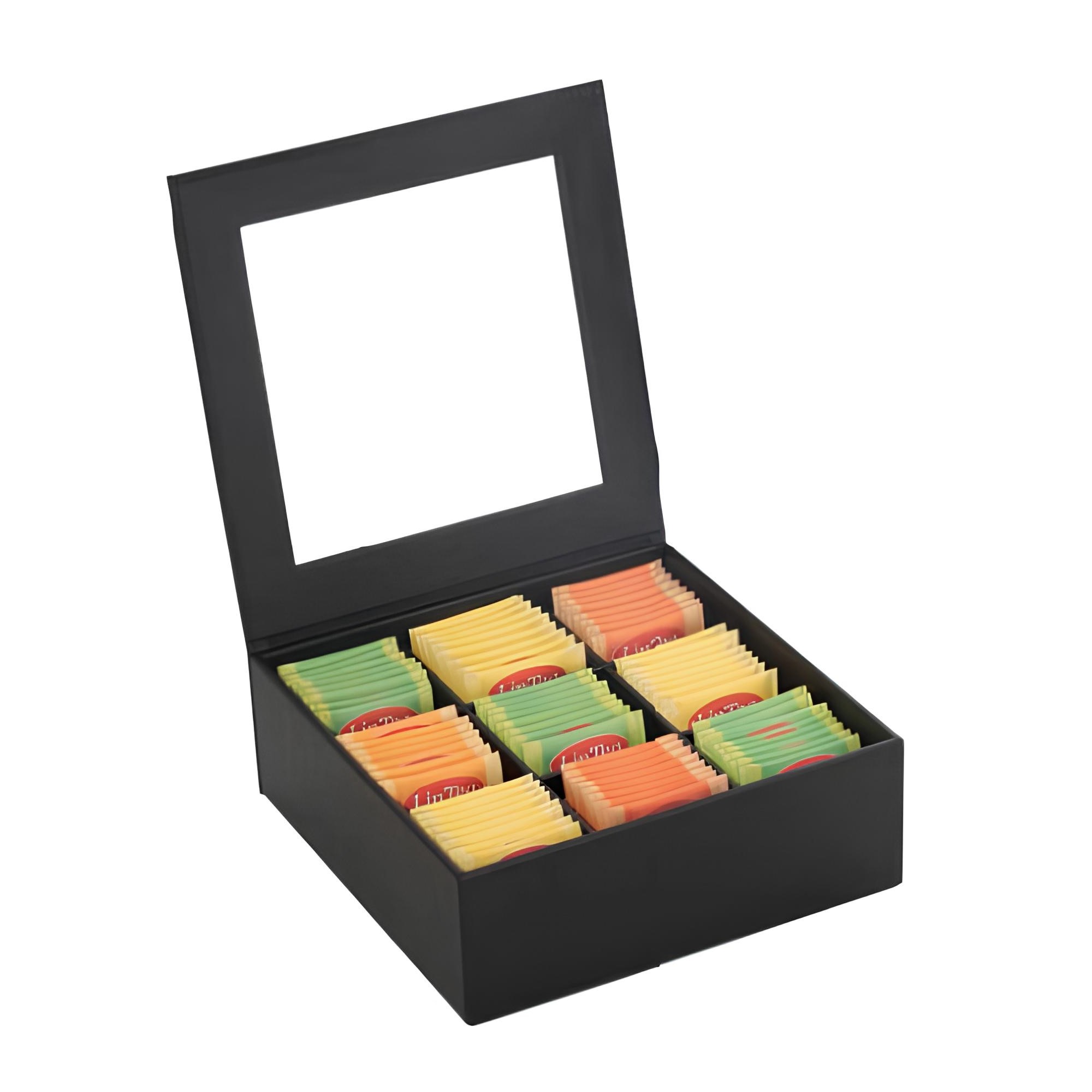 CAIXA CHÁ MDF/COURO SINTÉTICO 9 COMPARTIMENTOS 24X24CM PRETA   
